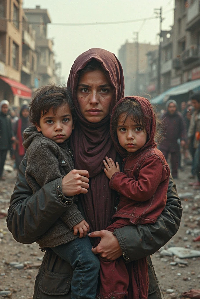 A poignant, old photograph of an Iranian mother and her child fleeing a riot in the streets of Tehran. The mother, wearing a traditional black chador, pulls her young son along as they run, their faces filled with fear. The background is chaotic, with smoke, flames, and distant silhouettes of other Iranian protestors. The image’s grainy texture and slight blur add to the urgency and reality of the moment, reminiscent of the era’s photography.
