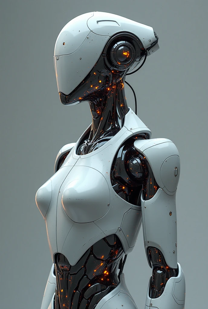 An ultra-technological humanoid robot on a white background appearing in the image only from the chest up, with cables connected to it and with its green lights