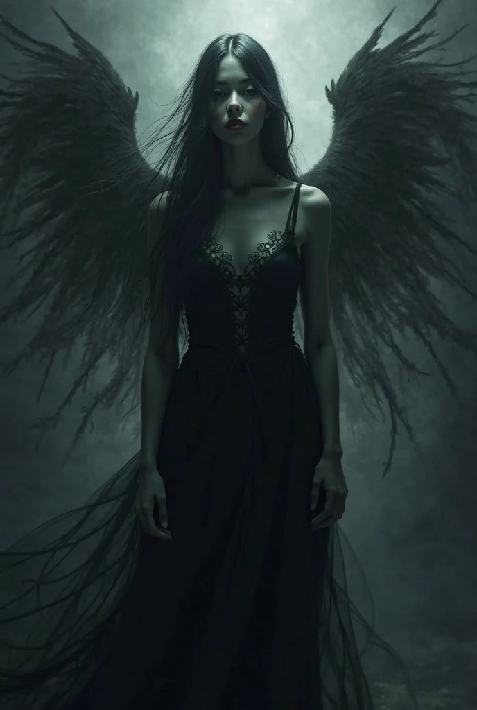 a realistic horror and beautiful woman vampire with Big dark wing devil
