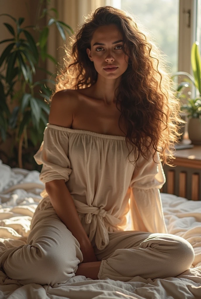 (photorealism:1.2), beautiful woman, sitting on bed, wearing loose off-shoulder top, pajama pants, long curly hair, indoors, soft lighting, plants in background, window with sunlight, cozy room, relaxed pose, realistic, intricate details, warm colors, by Greg Rutkowski, by Alphonse Mucha