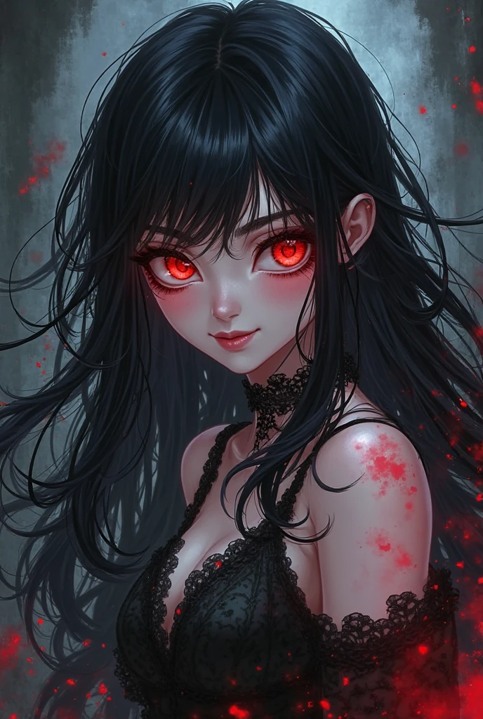 anime girl with Red eyes and blood dripping down her face, with red glowing eyes, with glowing Red eyes, with Red eyes, red-eyed, red-eyed, fully Red eyes, Red eyes, sharp Red eyes, Red eyes glowing, Red eyes, red glowing eyes, with a Red eyes, watery Red eyes, Red eyes, glowing Red eyes