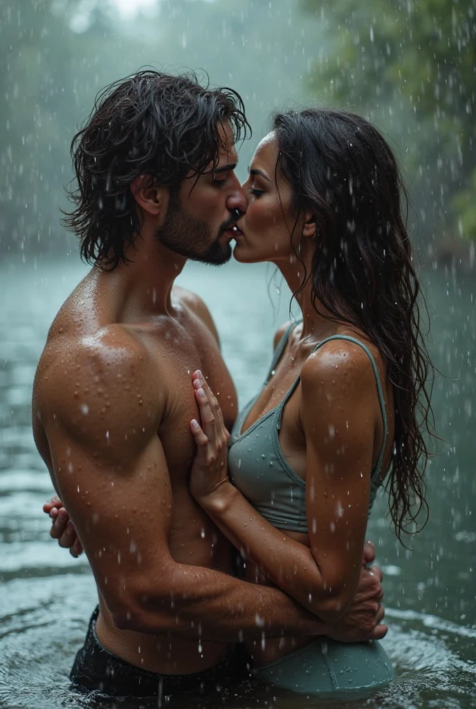 A twenty five year old girl. Wearing a bikini kissing a sixty-year-old man on the lips in the rain