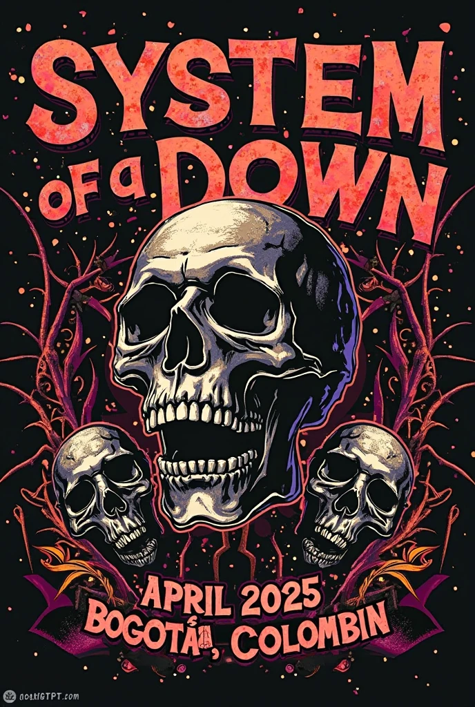 Generate a design for a t-shirt or sweater print inspired by the band System of a Down, incorporating its iconic logo. The design should be vibrant, using dark colors and contrasting ones that highlight the rock and metal style of the band. The image must include striking and dynamic graphics that represent the energy of the band, with large and stylized letters showing the date 'April 24th 2025' and the place 'Bogotá, Colombia' prominently. The design must combine an aggressive style, modern and artistic , evoking the unique atmosphere of a System of a Down concert."

This prompt should help to generate a design that combines all the key elements you are looking for.



By sending a message to ChatGPT, you accept our conditions and confirm