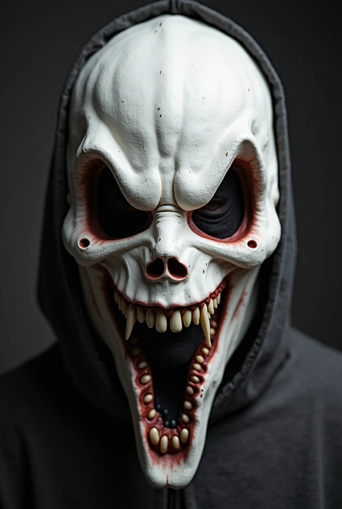 Emerging from the depths of cinematic horror, the iconic Ghostface, the embodiment of the Scream franchise, emerges in a captivating close-up portrait. Inspired by Edvard Munch's masterpiece "The Scream," the white mask, a symbol of terror and dread, features an exaggerated mouth and darkened eyeholes, concealing the identity of the killer beneath. A hint of the black hood framing the face adds an air of mystery and intrigue. Dramatic side lighting casts deep, defined shadows, emphasizing the mask's haunting features. Rendered in cinematic style and captured in breathtaking ultra-high resolution, the focus shifts to the intricate details of the mask's texture, revealing the subtle imperfections that add to its chilling realism.