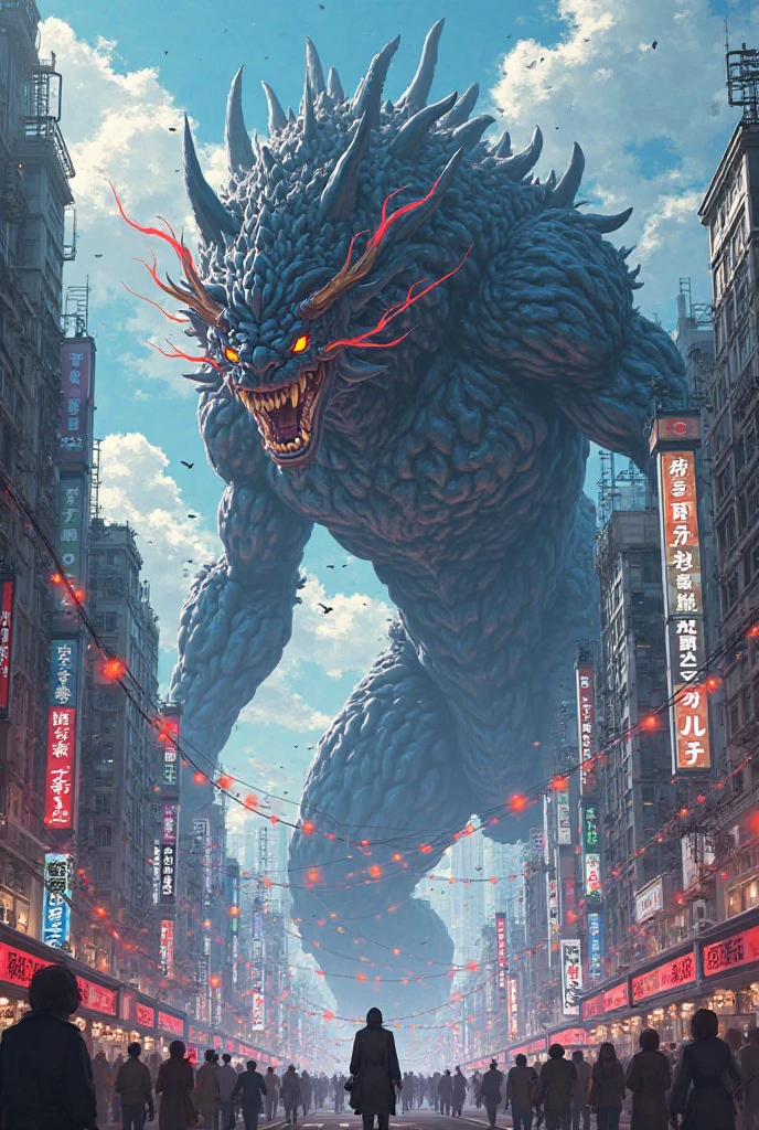 (Highest quality、High resolution、8K、Accuracy、masterpiece: 1.2)。The strangest monsters in the world。A super giant monster、Standing in the streets of Tokyo, Japan。The strange atmosphere of the yokai somehow blends in naturally with the streets of Tokyo.。A clear blue sky with a face reaching above the clouds。god々Successfully、A sinister monster、god様のよう。