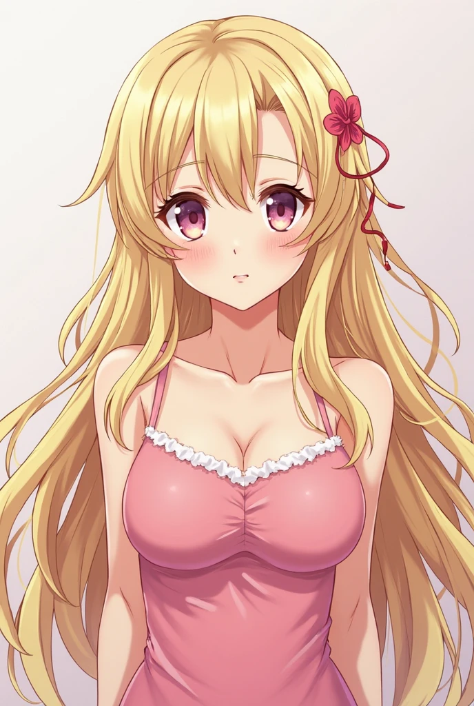 A beautiful girl with long blonde hair, green eyes, a teardrop mole, big breasts, and eroticism in an anime illustration。She shows me her nipples and invites me