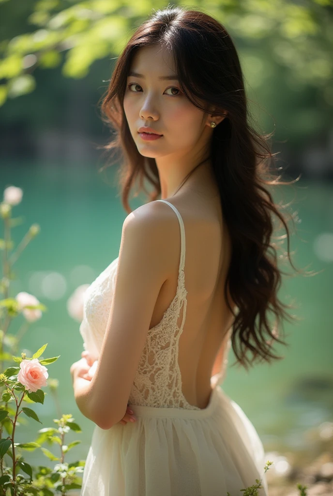 (((NSFW))), (Raw photo:1.2), (realistic), beautiful detailed girl, very detailed eyes and face, beautiful and detailed eyes, huge file size, High resolution, very detailed, highest quality, [table top:1.6], shape, very detailed, small details, highest quality, 8k wallpaper, movie lighting,15 year old girl, Girl living in the countryside, Looking at this page introducing the countryside, A meadow where wildflowers are blooming modestly,  countryside rich in nature,  In underwear, I can see your white bra, I can see white panties, Looks like fun, slender body, young face, immature body, long hair,exposed underwear,Looks like fun, In underwearの田舎の女の子, hair blowing in the wind