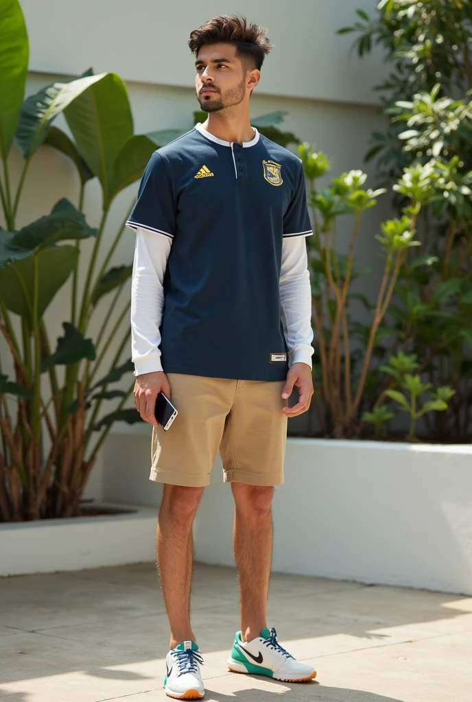 Full body shot of a young Spanish male standing wearing white socks,White skin,hands in pants pockets,Wearing only white socks,Transparent clothes, No shoes,Twenty-year-old