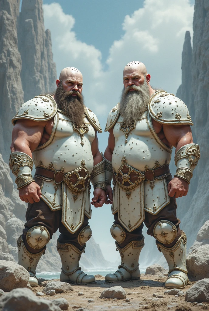 There are two men made out of metal in underpants with white beards standing next to each other, ils sont torse nu, ils ont un gros ventre, un homme porte des lunettes et l'autre un monocle, cyborg, cyberpunk style, steam-punk style, ((intricate details)), (best quality,4k,8k,highres,masterpiece:1.2), ((intricate details, realistic, photo-realistic, photo-realistic:1.37)), cinematic shot