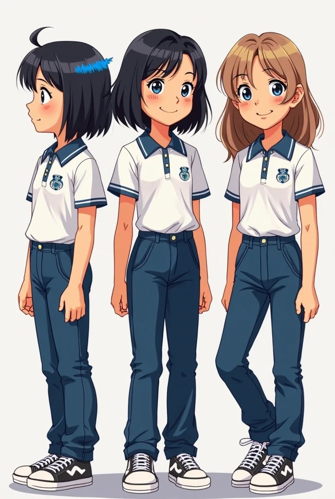 generate a logo of five age girls, one with short black hair and a blue tuft and lenses, another with light brown long hair and lenses, another with hair down the shoulders and fringe, another with hair down the shoulders and black, and another with long black hair with fringe and lenses, you all have to bring a uniform of navy blue pants and a polo shirt, Make them look feminine, In Snoopy style