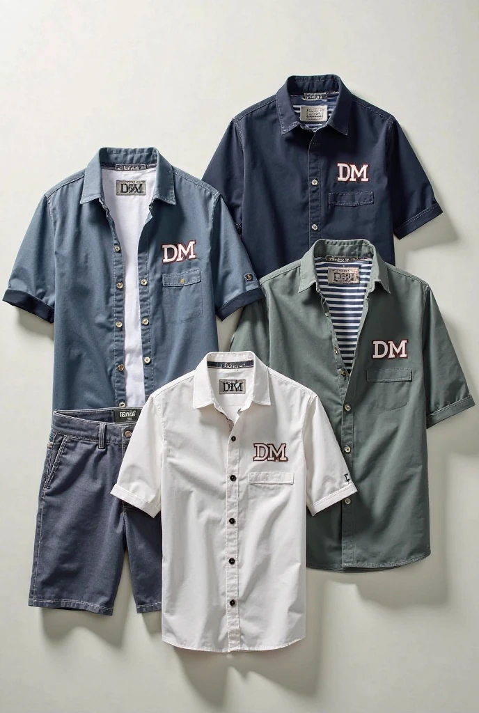 Men's clothing, shirts and shorts with the initials DM on the chest