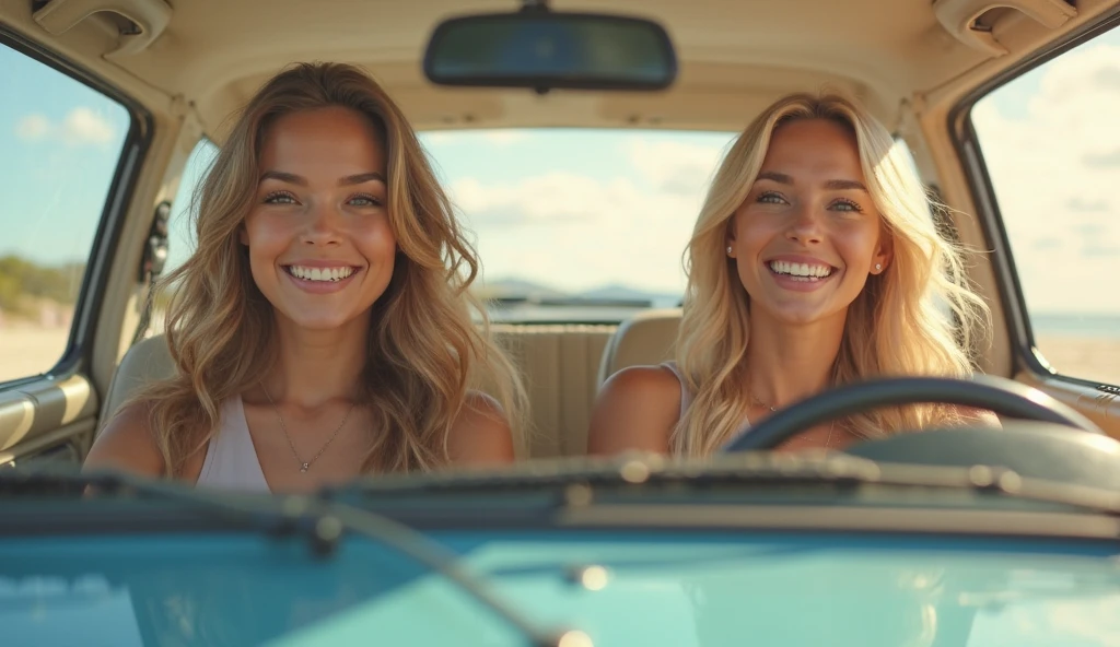 a beautiful biracial latina woman long wavy light blue hair light blue eyes large breasts drive a car convertible close to beautiful white woman brown hair, Résolution Haute, serene, Très détaillé, selfie pov, smile, wind in the air