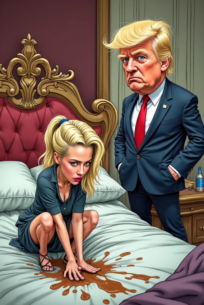 Donald Trump spoon feeding a drooling Joe Biden.