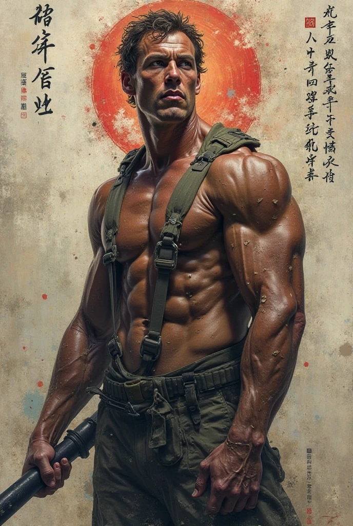 Uncle Shandong, A Chinese man around 30 years old, Rugged and handsome looking，short sleeves，biceps，Too big muscles， big waist, Captured in dramatic medium long shots with intricate detail., brush cut, angry, frown, A masterpiece of the highest quality，city lights background, ，Perspiring:1.5），（obesity:2），（skin wrinkles:1.5），（skin glow:0.5），half sideways