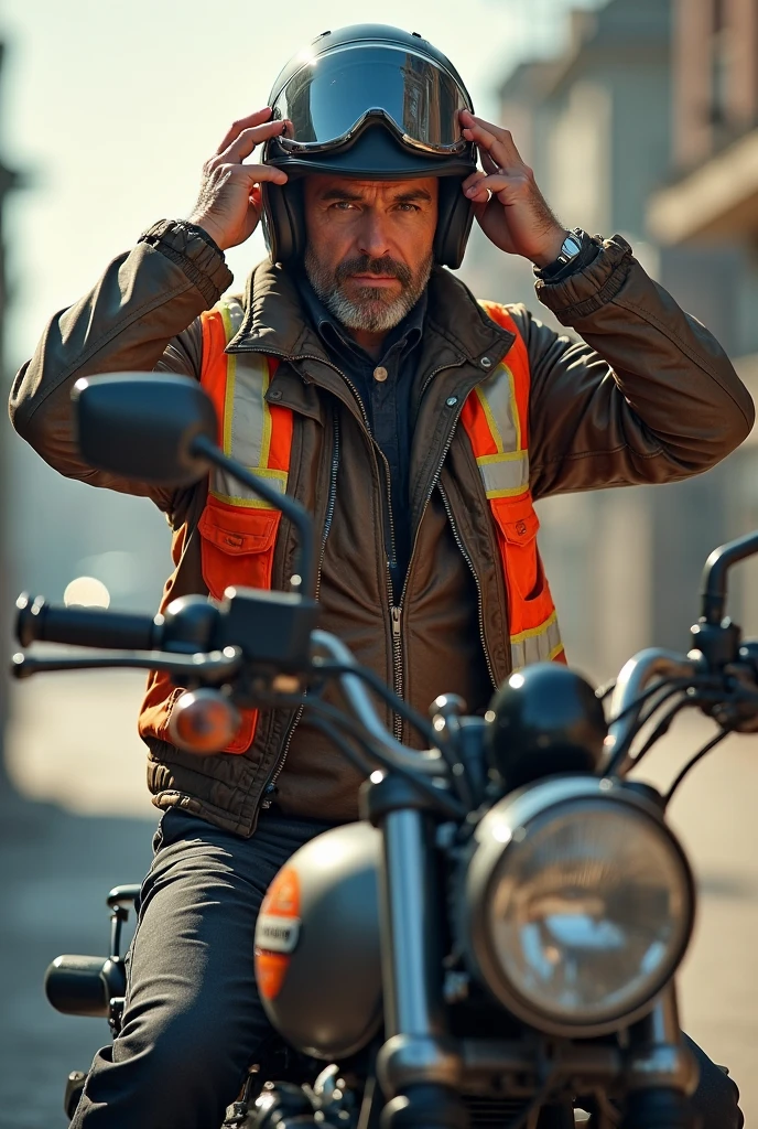 Man with beer bottle on motorcycle 
