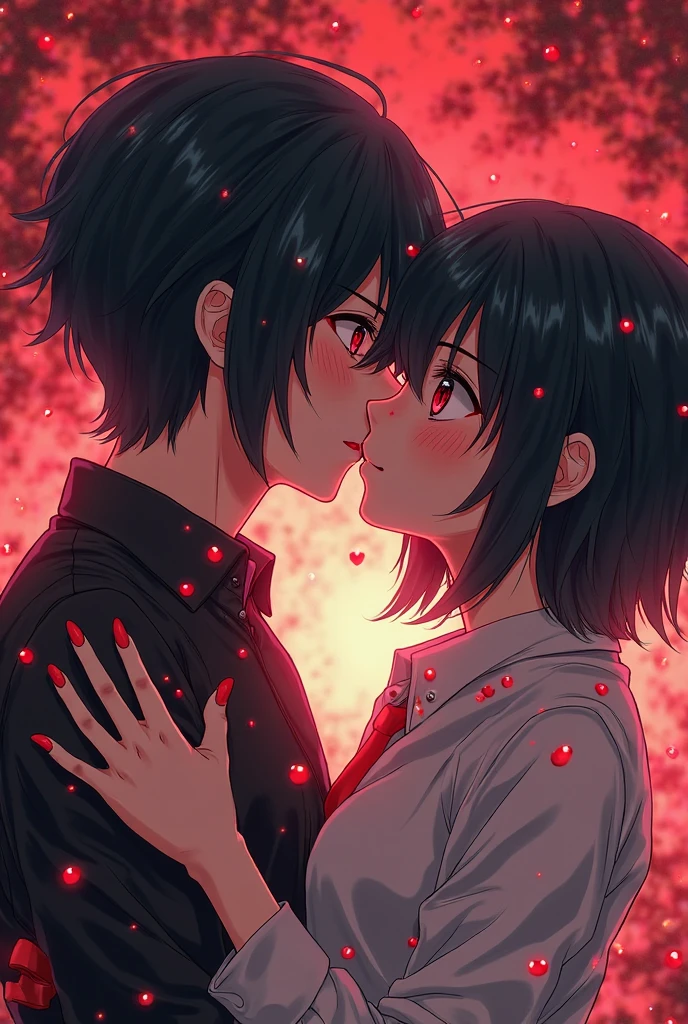 A boy in black dress, kissing girl hard, saliva dropping, and moan in the atmosphere, anime, detailed, High quality