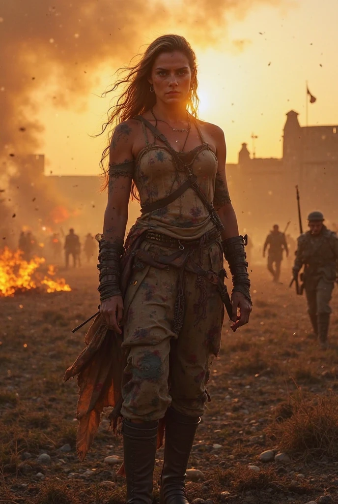 (best quality:1.4), (ultra highres:1.2), (photorealistic:1.4), (8k, RAW photo:1.2), ultra detailed, break, Stormy rainy skies clouds,  a ginger woman, (highly detailed dark eyes looking at viewer:1.4), highly detailed wet face, 1girl, female warrior, highlight short red hair, soaking wet hair, medium breasts, [little_freckles], Facial skin soiled by battle, [[Blood splatter]],  leather and worn scratched used wet metal armor,fur, sword belt, break, fighting stance, wind, cinematic lighting, realistic, dramatic light, break, Rain falls on the battlefield , dark_Smokes, fireflies,piles of dead corpses,  Medieval_battlefield_ravaged_by_war_background, solo focus), (cowboy shot), masterpiece, realistic hands. [The character is surrounded by mist, evoking a mysterious and eerie atmosphere. The lighting is dark and atmospheric, with smoke adding a touch of sinister ambiance. Best quality image, HDR enhancement, showcasing the utmost level of detail and realism, full body shot:1.5]. [8K, Best Quality, Ultra High Resolution, (highly detailed CG unity 8k wallpaper), (best photo), (best shadows), isometric 3D, octane rendering, ray tracing, highly detailed, (Best quality, 4K, 8k:1.2), absurdity, ultra detailed, (realistic, photorealistic, photorealistic:1.37), complex parts, HDR, (complex parts:1.12), (hyper detailed, hyper realistic, Soft lighting, spicy:1.2), (complex parts, Hyper detailed:1.15). Blurred foreground. (backlit), masterpiece, high quality, brightness, chromatic aberration, foggy smoke, shadows, contrast, clear sky, (warm hue, warm tone), high details, natural reflections]. (YES SFW)