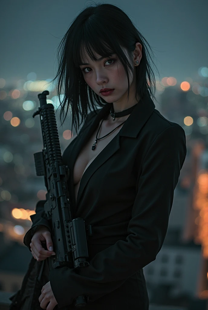 ((Highest quality)), ((masterpiece)), (detailed), Rifle range,A beautiful Japanese woman with medium-length black hair holding a gun in one hand,Parting your hair and sticking out your forehead,Silver earrings,choker,Sexy black blouse,Black slit skirt,Black Pantyhose,garter belt,High heels,The setting sun shines on a stunningly beautiful woman,F Cup,Strong chest, sides and thighs,Bewitching beauty,Put your other hand in your skirt pocket,Short hair fluttering in the wind,Hitman,