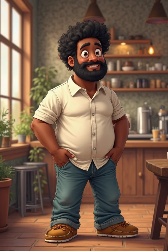 Cartoon character of a black pot-bellied man with curly hair just on top of his head, Moustache and beard only on the chin, usando brinco de argola pequeno na orelha direita, shorts pretos e uma camiseta vermelha , um personagem animado, Caractere estilizado, animation style rendering, 3D estilizado, Arnold Maya render, 3 d render stylized, toon render keyshot, Personagem 3D, Personagem 3D, 3d rendering stylized, 3 d character render, personagem de desenho animado, Personagem de close up, Pose de personagem, (Estilo Pixar) (master part:1.2) (Bokeh) (best quality) (pele detalhada) (textura detalhada) (8k) (argila) (Cinematic lighting) (foco nítido, Sitting on the couch with a white and brown babe on her lap)
