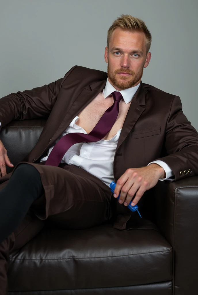 loid_forger, solo, looking at viewer, short hair, blue eyes, blonde hair, shirt, gloves, 1boy, sitting, jacket, white shirt, male focus, black gloves, pants, indoors, spread legs, open jacket, muscular, formal, abs, cat, suit, pectorals, big huge bulge, couch, green jacket, unbuttoned, green pants, 