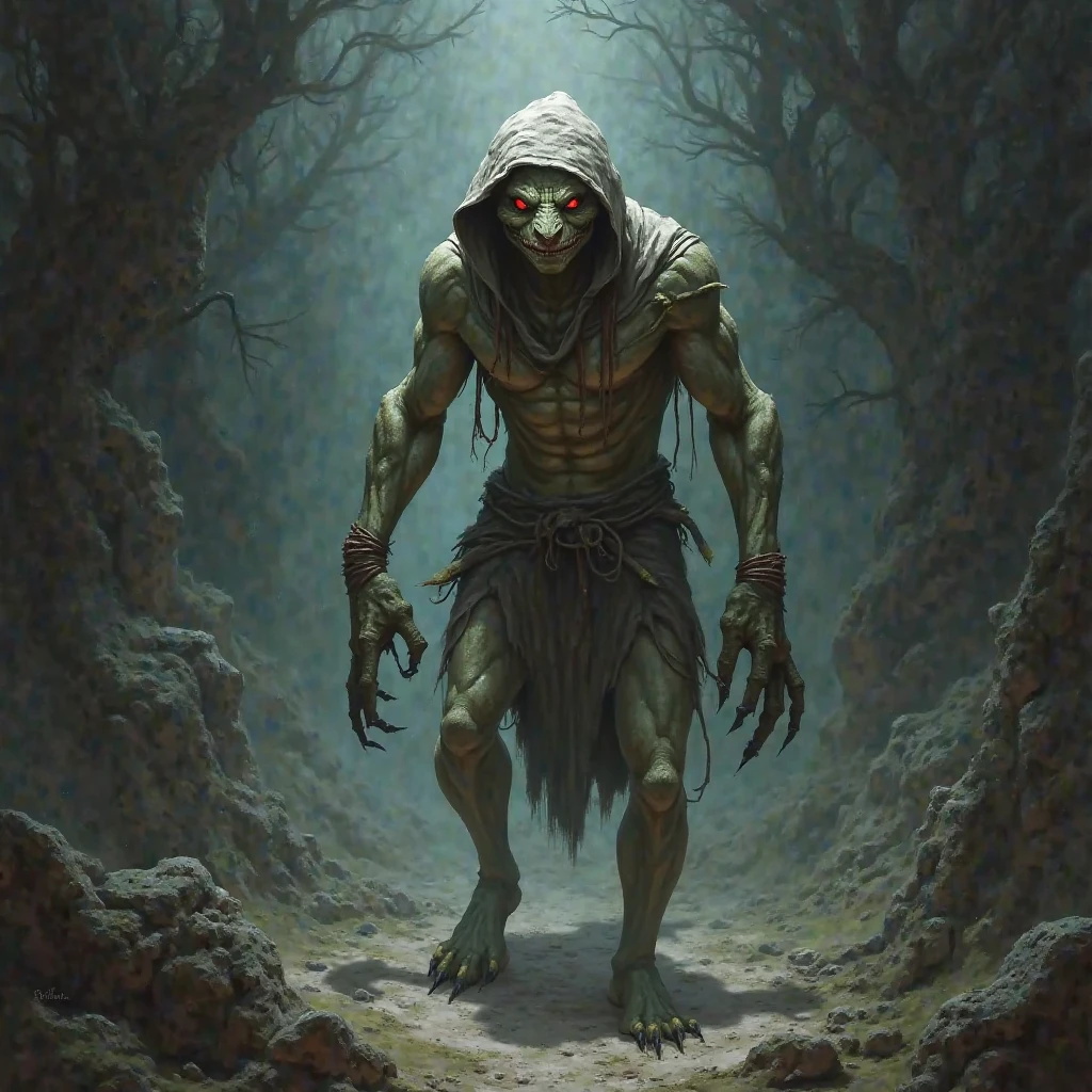fog:1.1, photo, Active movement (Jump:1.2135), (rough rough skin:1.125) Looks like (bark of tree:1,235), ultra-realistic shading, anthropomorphic, green-brown, (predator:1,3055), photorealistic, breathtaking, (furious:1,1025), (Botticelli:1,135), Huge pectoral muscles, tribe, warrior, biceps, (Loincloth:1,15), (Cloak:1,15), thin waist, Slim Male, swamp, day, summer
