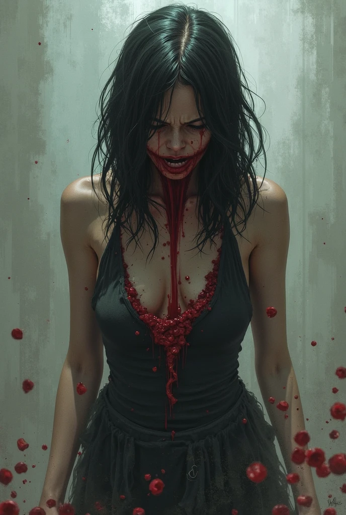 Colorful beautiful woman, Black ink flow,8k resolution photorealistic masterpiece,,,,hyperstylized insanely detailed imagery,, ornatly placed macbre details, blood splattered artistry, obscurities of horror elements withen the piece, explicitly graphic, perfect breasts, spread legs, masterbates