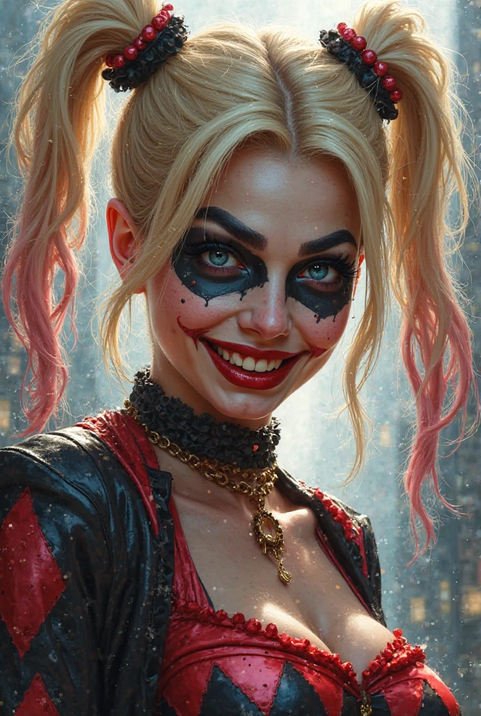 (masterpiece, best quality), Harley Quinn, beautiful woman, becoming werehyena, pigtails, furry tail, sharp teeth, clawed hands, beautiful face, perfect face, big gorgeous eyes, parted lips, perfect slim fit body, forest, full moon, bright colors