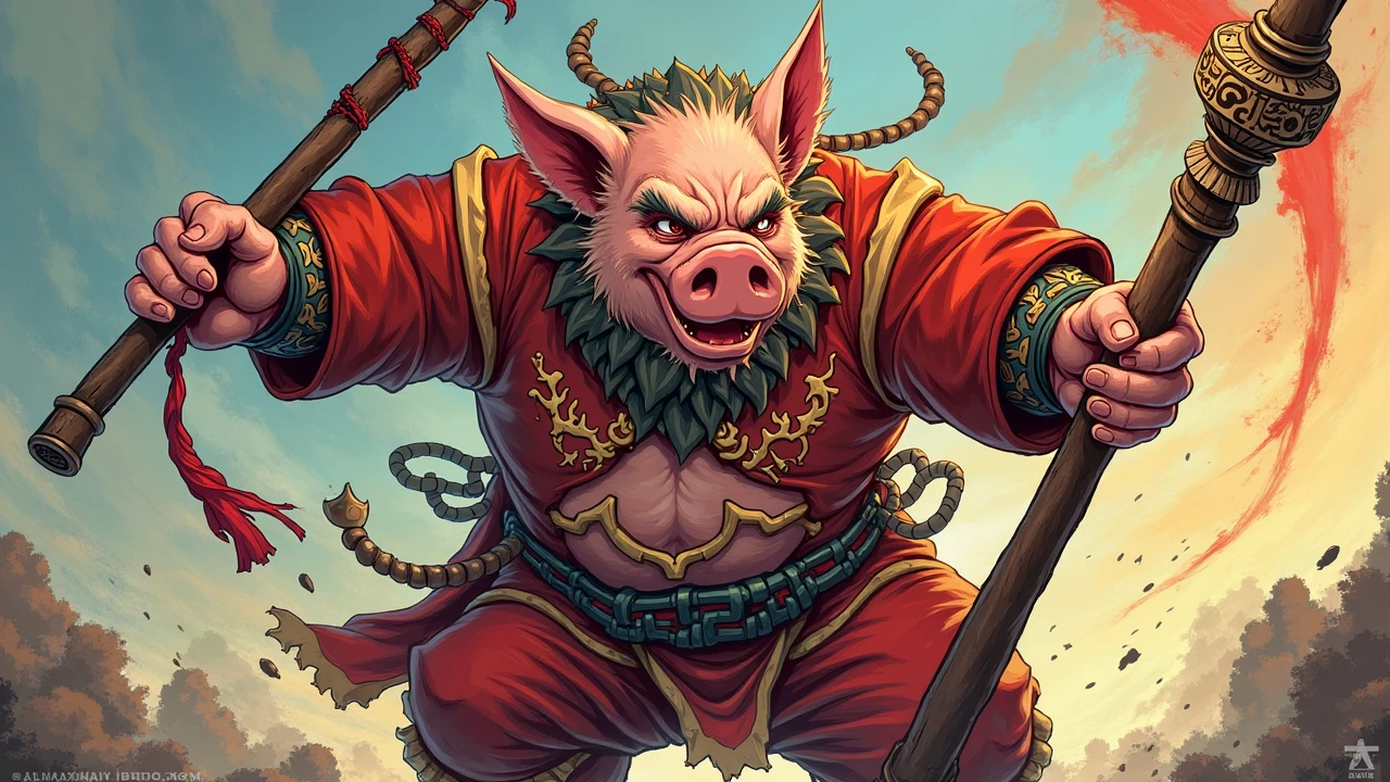 A pig warrior with a huge and muscular body is depicted.。he wears a tengu mask、On top of it is a small crest of white hair.。in his big belly、"WILD" Embroidery with a flame design、In the center of it is"pork"The bomb-like embroidery that says `` appears to be dangling from his enlarged belly.。the pig warrior、in a very confident manner、Illustrations that convey their strength and preparation for battle