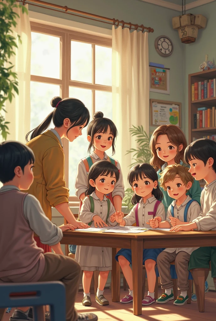 A group of children sitting on the ground, smiling, each holding a book, with a teacher-like woman holding a tablet, reading a story. The scene is rendered in a super detailed and perfect style, reminiscent of animated cartoons like Pixar and Disney. The characters have vibrant colors, expressive features, and flawless proportions. The color temperature is warm, with soft lighting that accentuates the joyful atmosphere. The children's faces radiate happiness and excitement, while the teacher's expression is warm and engaging. --v 5 --stylize 1000