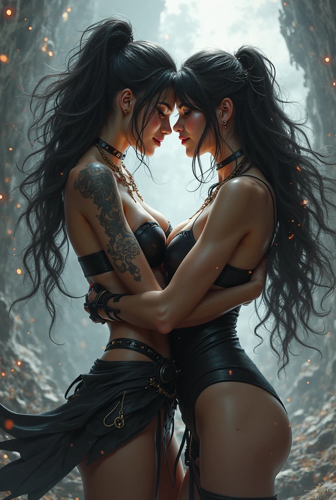 (Handsome short-hair barbarian Chad) cuddling and kissing and grinding with his (three Gothic sexy long haired concubine witches wives bitches) at a beautiful waterfall, feeling true love, feeling pure ecstacy, freckles, Flirtatious, seductive, tattoos, jewelry, racially diverse, masterpiece, wearing fur outfits, fantasy illustration style, magical atmosphere