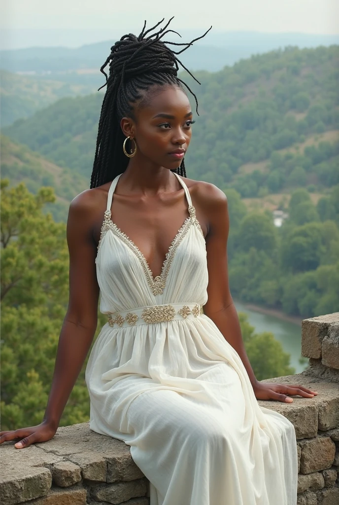 sfw, young black woman sitting on mossy stone stairs in a white dress in a (tropical flower:1.1) garden, (green eyes:1.2), full body shot, dark skin, depth of field