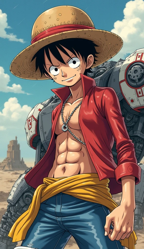 d. Luffy, straw hat, sozinho, corpo inteiro, (melhor qualidade), (Very detailed), profundidade de campo, esquete, sombras escuras, foco nítido, a dark illumination, HDR, good composition, Post apocalyptic and dark environment, screencap anime, Cicatrizes abaixo dos Olhos, olhos negros, android, Cyberpunk, Technological implants, Technological prostheses |, mechanical arm