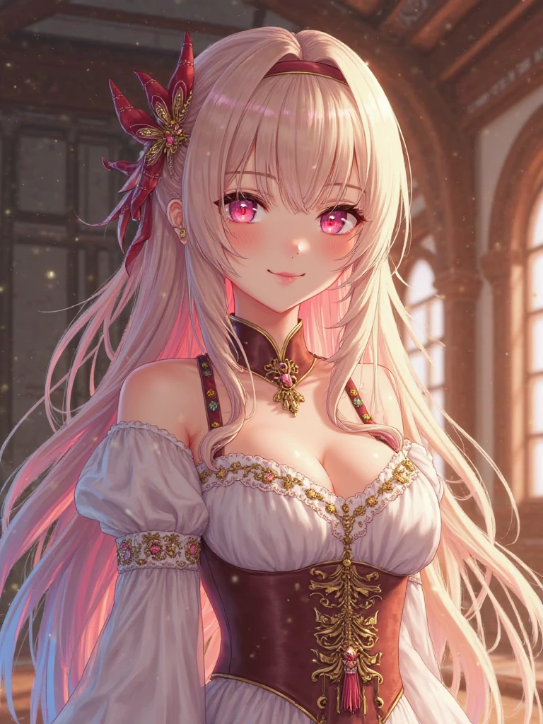 Silver hair, pink eyes, older woman, pink red and gold clothes, hair jewel ornament, cat ears, necklace, long hair, smiling face, upper body