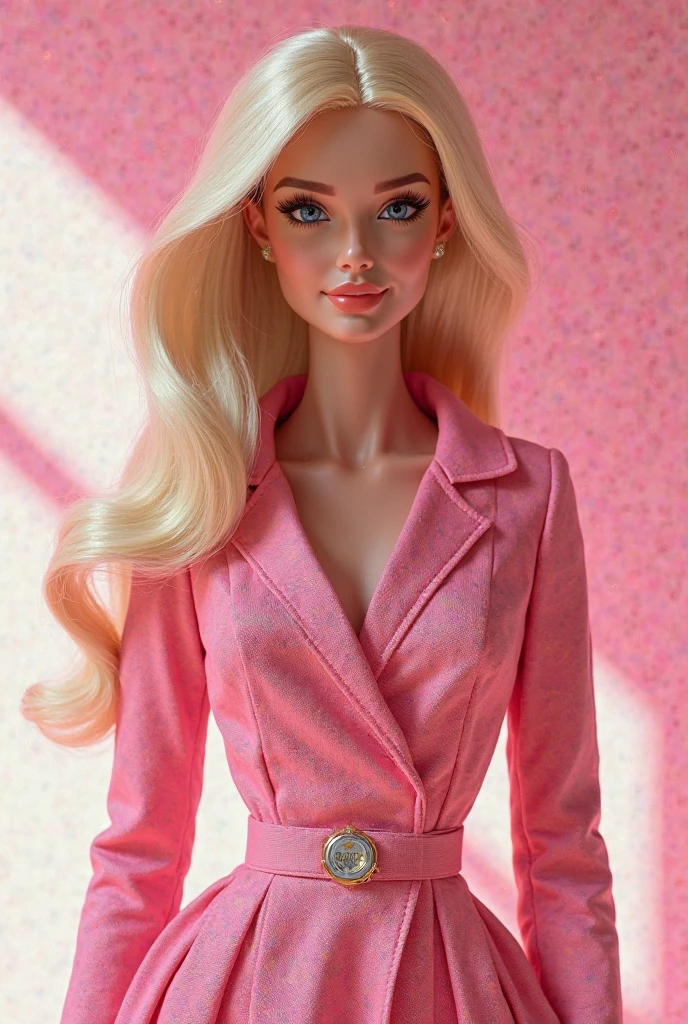 Mulher loira de camisa rosa e saia posando para uma foto, Retrato da boneca Barbie, Retrato de Margot Robbie, Barbie, boneca Barbie, Retrato de Margot Robbie, pink iconic character, Operadora de Neon Margot Robbie, Margot Robbie, Margot Robbie em GTA v, Barbie ou boneca Ken, corpo rosa, hiper realista ", hiper realista", por Wayne England, vestido com um vestido rosa
