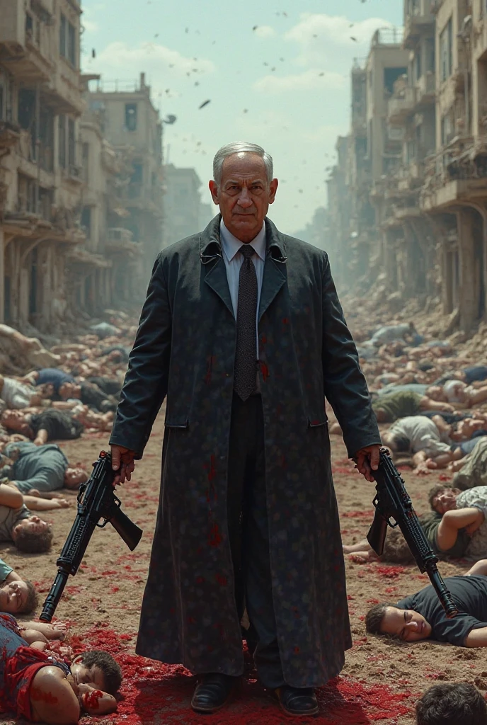 A harrowing, blood-soaked scene with Benjamin Netanyahu as the central figure, standing prominently amidst the bodies of 100 children. The ground around him is covered in large, dark pools of blood, and his suit is drenched and spattered with it. Blood streaks and splatters cover the walls and surfaces, enhancing the gruesome atmosphere. Netanyahu’s face and hands are smeared with blood, making him the unmistakable focal point of the image. The background features dramatic, movie-style lighting, casting deep shadows and highlighting the macabre setting, intensifying the sense of horror and despair