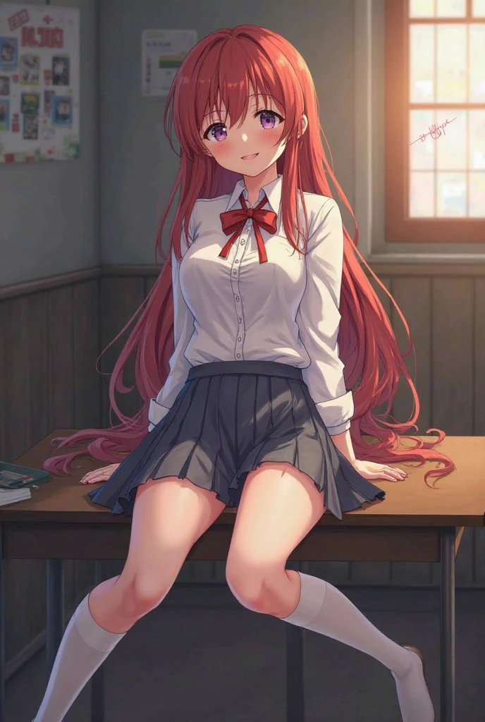 Masterpiece to the smallest detail、top-quality、girl with、17 age、150cm beautiful girl、B cup breast, a baby face、very red hairs、Twintail long hairstyle, Gradient bob in the forward、Black eyes、Tall, big eyes、Outstanding looks、A lovely child、proximity、closed_mouth、a smile、red blush、full of shyness、black skirt、white shirt、an legs、Black socks、sitting on、Classroom、hair_ornament、looking_at_viewer、beatiful detailed eyes、panties on、lift up one's skirt、Professional effects、