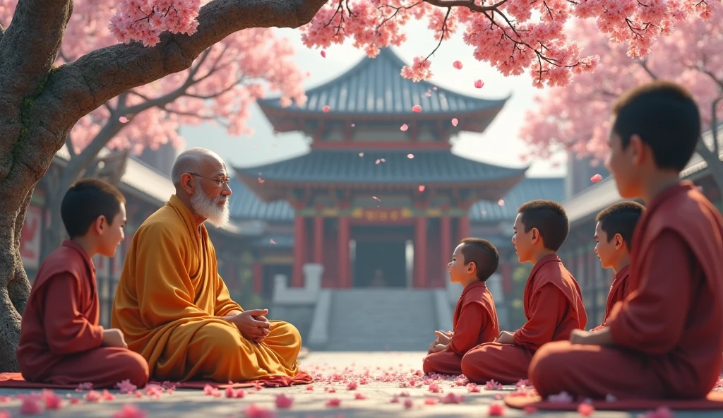 Old fat chinese monk waking with young monk student, beautiful garden, in anime style, trees, surrounded by temples,