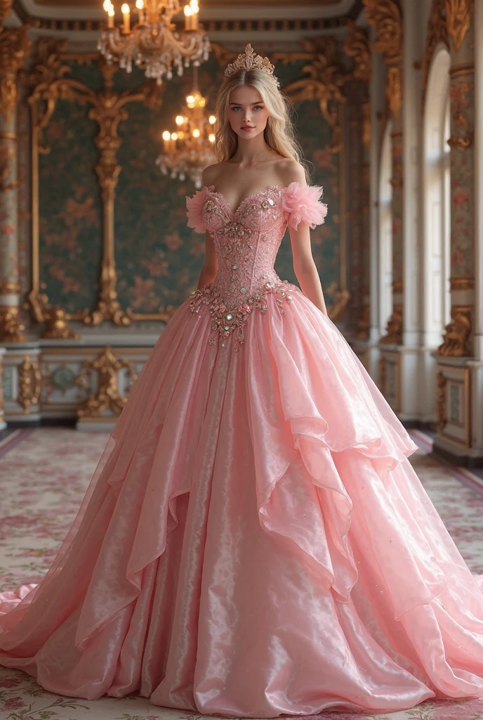 a hyper realistic photograph of a girl standing wearing a majestic light beige and gold ball gown dress, big beautiful dress, intricate puffy ball gown with lots of ruffles and rhinestones (Best quality, masterpiece, ArtStation, Fantasy Art:1.2), a palace room, a beautiful cute girl, (long white hair:1.1), (intricate short gold skirt, bare legs:1.2, full body shot)