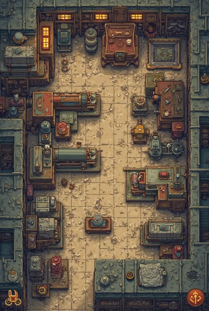 Design a factory production line map for a game set in an abandoned carpet weaving factory. The map should include five different production lines representing various stages of the manufacturing process. Players must complete one line before unlocking the next. The map should be drawn from a top-down or isometric perspective and reflect an old, industrial atmosphere.
Each production line should visually represent a specific process or machinery. The thread preparation line should feature large thread spools, old weaving machines, and warping stations. The weaving line should include carpet looms, working or rusted mechanical arms, and patterned weaving stations. The dyeing and processing line should display dye vats, drying racks, and hand-painted carpet sections. The cutting and shaping line should contain cutting tools, carpet measurement stations, and shaping machinery. The packaging and distribution line should include rolled-up carpets, wooden pallets, and vintage transport carts.
The map should feature old factory buildings, broken windows, rusted metal details, and a dusty atmosphere. The color palette should consist of muted browns, dark grays, and faded yellows to evoke an aged industrial feel. Progression markers should resemble old factory signs or rusted metal plates. Locked production lines should be marked with chains or rusted padlocks, while completed lines should be highlighted with warm lighting.
The art style should be semi-realistic with hand-drawn details, capturing a vintage industrial mood. The map should also include visual indicators or animated markers to display the player's progress.