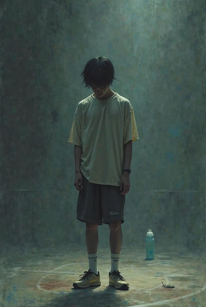 Create a teenager with thinning hair, medium strong, like myopia, The eyes, sitting in a room, full of milk around and in it. Make a number 13 on his shirt
