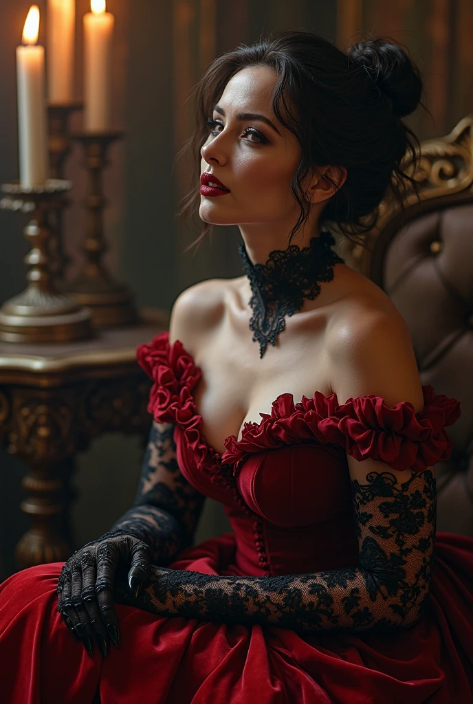 portraiture of a refined, Victorian-era lady vampire, mysterious, dark, 19th century Inspired, intricately adorned, velvet, silk, and lace, oil on canvas, highly detailed, photorealism, Alphonse Mucha's ornate Art Nouveau, Caravaggio's dramatic, high-contrast lighting, Irwin Penn's cinematic, soft, misty atmosphere, lavish, ornate, gothic architecture, heavy drapery, Baroque-inspired furniture, subtle, eerie ambiance, dark, red lips, porcelain skin, elaborate hairstyle, cameos, brooches, and jewelry, mysterious,