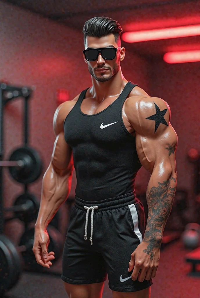 ((Masterpiece, Super Hi-Res, Highly Detailed, 8k)), ((Sexy Guy: 1.5)), Asian, goatee, short hair, approx. 30, handsome, ((sportswear, personal trainer style attire, makes viewer smile, Exposed, sexy, : 1.2)), muscles, skinny, excited, gay erotic, sweaty, Sexy Raised, Full Length, Gym,