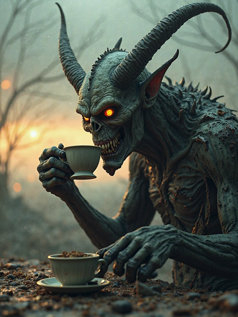 A very powerful and aggressive looking ram skull with some tattoos big teeth and a lot of saliva his eyes glow green next to him a wooden mug with foaming beer