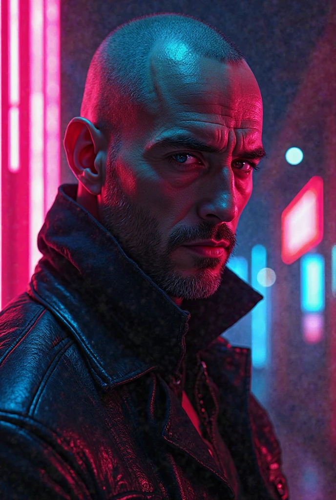 a man with an evil smile buttoning his shirt, raining in the city, fire burning in the background, Shaved head, red border lighting, 8k, UHD, [sincere, aficionado], cinematic lighting, Upper part of the body, Very detailed face, close up, serious face, villain