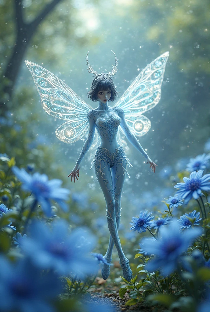 Make me a person turning into a dragonfly little by little, blue, meaning a Colopteryx stendens, but I want it to be a person in a dragonfly in a person, their clothes and everything like a more real dragonfly on the person, the face and everything like a dragonfly.