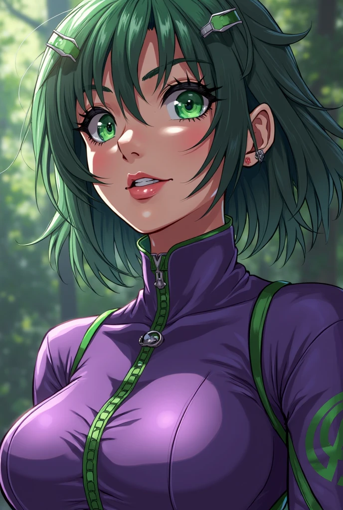 ratte867, Lone Girl, (Forest Green Hair: 1.2), Asymmetrical Haircut with Violet Clothes: A Masterpiece, Best Quality, Photorealistic, Realistic, (Raw Photo, 8k UHD, Film Grain) - A captivating portrait of a young woman in an enchanting forest setting。Her forest green hair is styled in a complex asymmetrical cut.、Flowing down the back、It contrasts beautifully with the purple outfit.。This image is a magnificent work of art.、8K UHD resolution、Film Grain、Careful implementation of caustics and subsurface scattering、It boasts cinematic quality