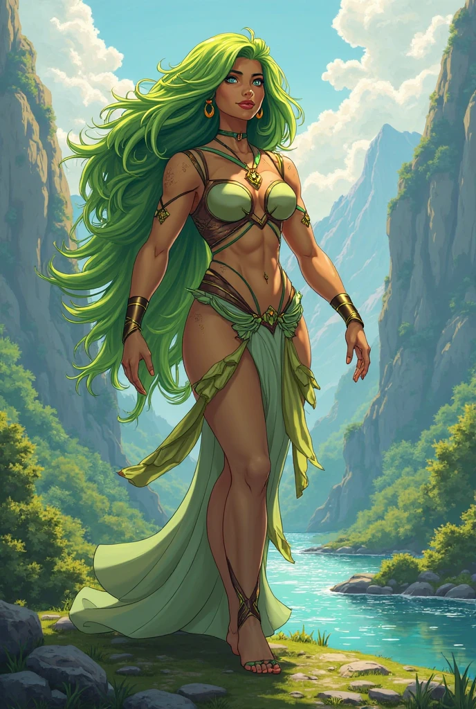 (Kate Winslet) as Cetrion from Mortal Kombat, green hair, green eyes, facial mark, fit body, armor, bracelet, tiara, standing, floating object, mountains, cloudy sky, (insanely detailed, beautiful detailed face, masterpiece, best quality), cinematic lighting, 1woman, solo, full body view, front view, looking at viewer, intricate, high detail, sharp focus, dramatic, photorealistic painting art by greg rutkowski