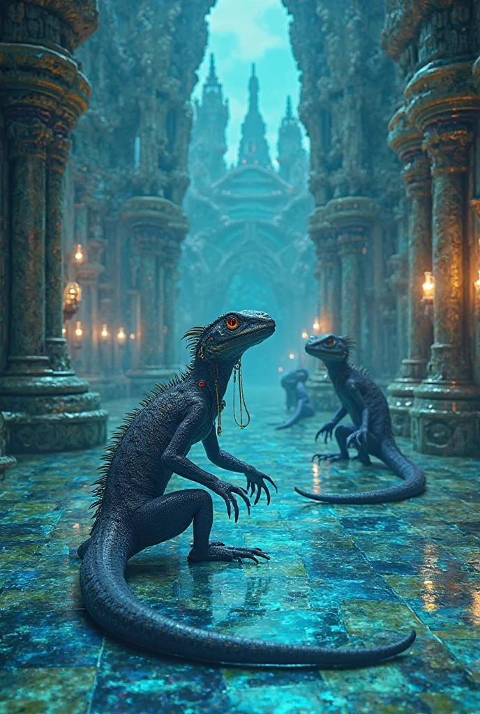 Create an image where the esoteric order of Dagon, the fish god, appears (People with mutated fish-like clothes )