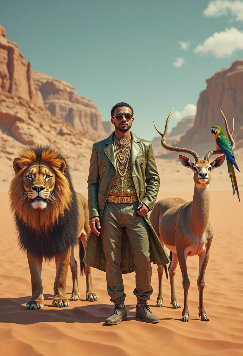 A handsome slim shirtless white skinned man in the desert with a falcon in his hand and two leopards by his side