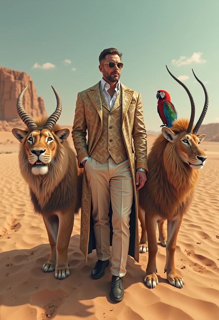 A handsome man with no shirt, golden pants, skinny white skin in the desert with a falcon and two leopards